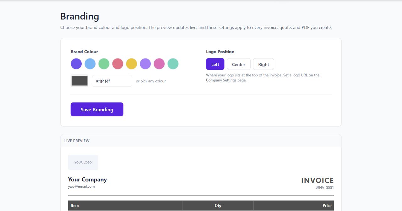 Tallyo branding controls and fictional invoice preview